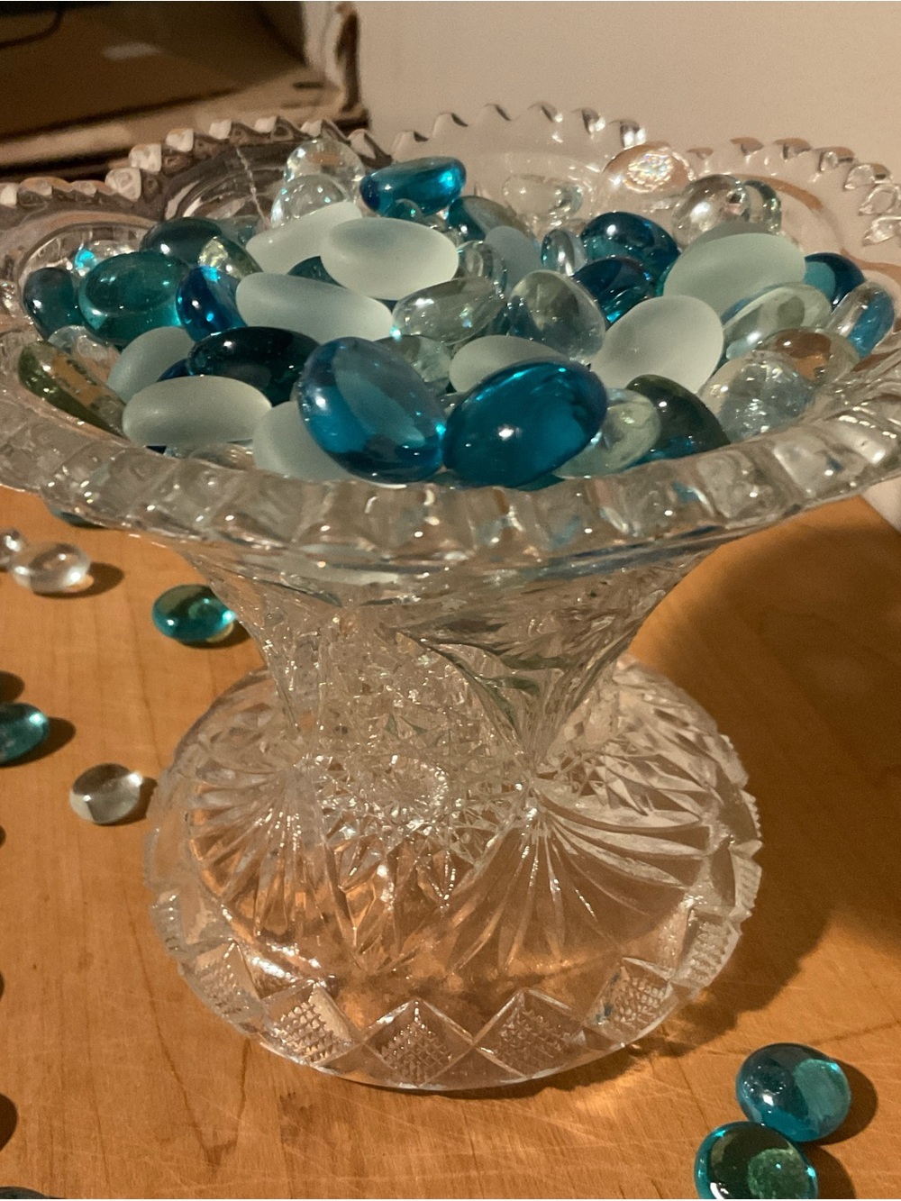 Cut Glass Compote Filled with Blue & Aqua Glass Gems